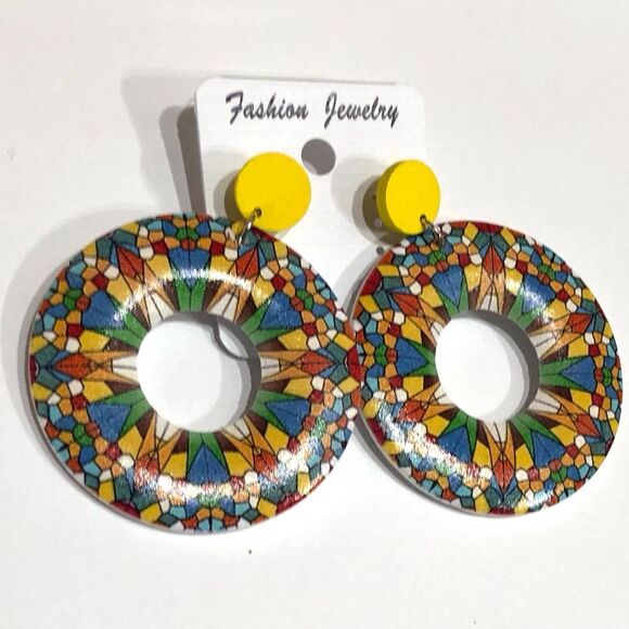Boho Festive Multicolored Wooden Hoop Dangle Earrings - 210 - Picture 2 of 7
